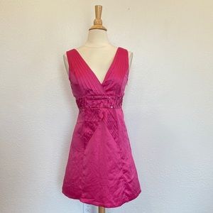 Solid Pink Studded V-Neck Satin Cocktail Dress